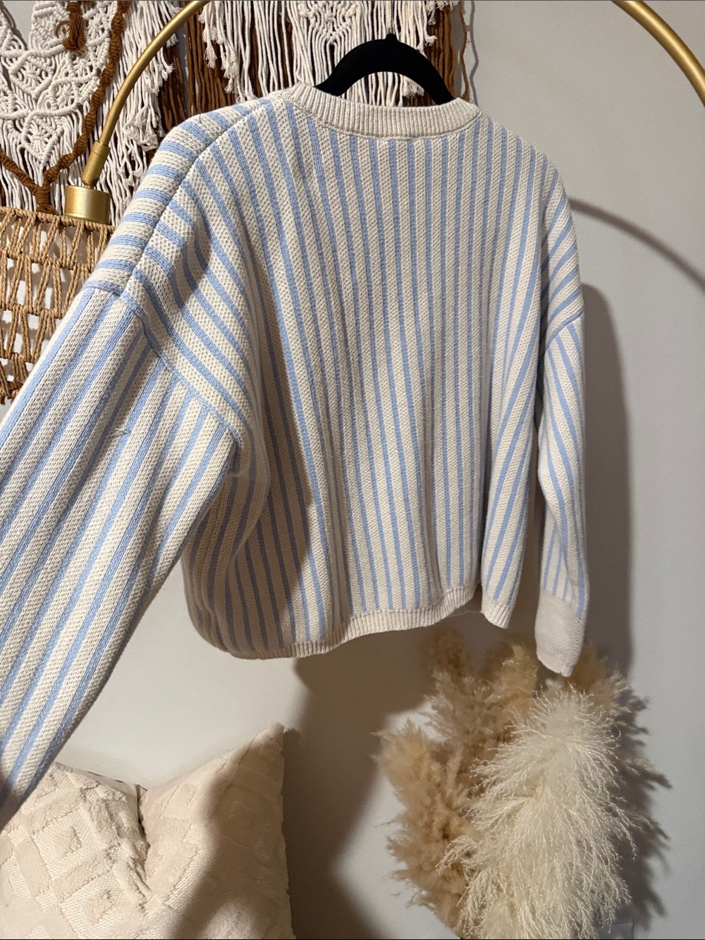 Le Lis Cream and Light Blue Striped Cardigan with Rose Pocket Embroidery - Picture 5 of 5
